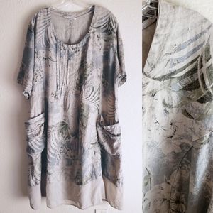 100% LIN BLANC Lagenlook Linen Oversized Tropical Print Tunic Dress Pockets 12